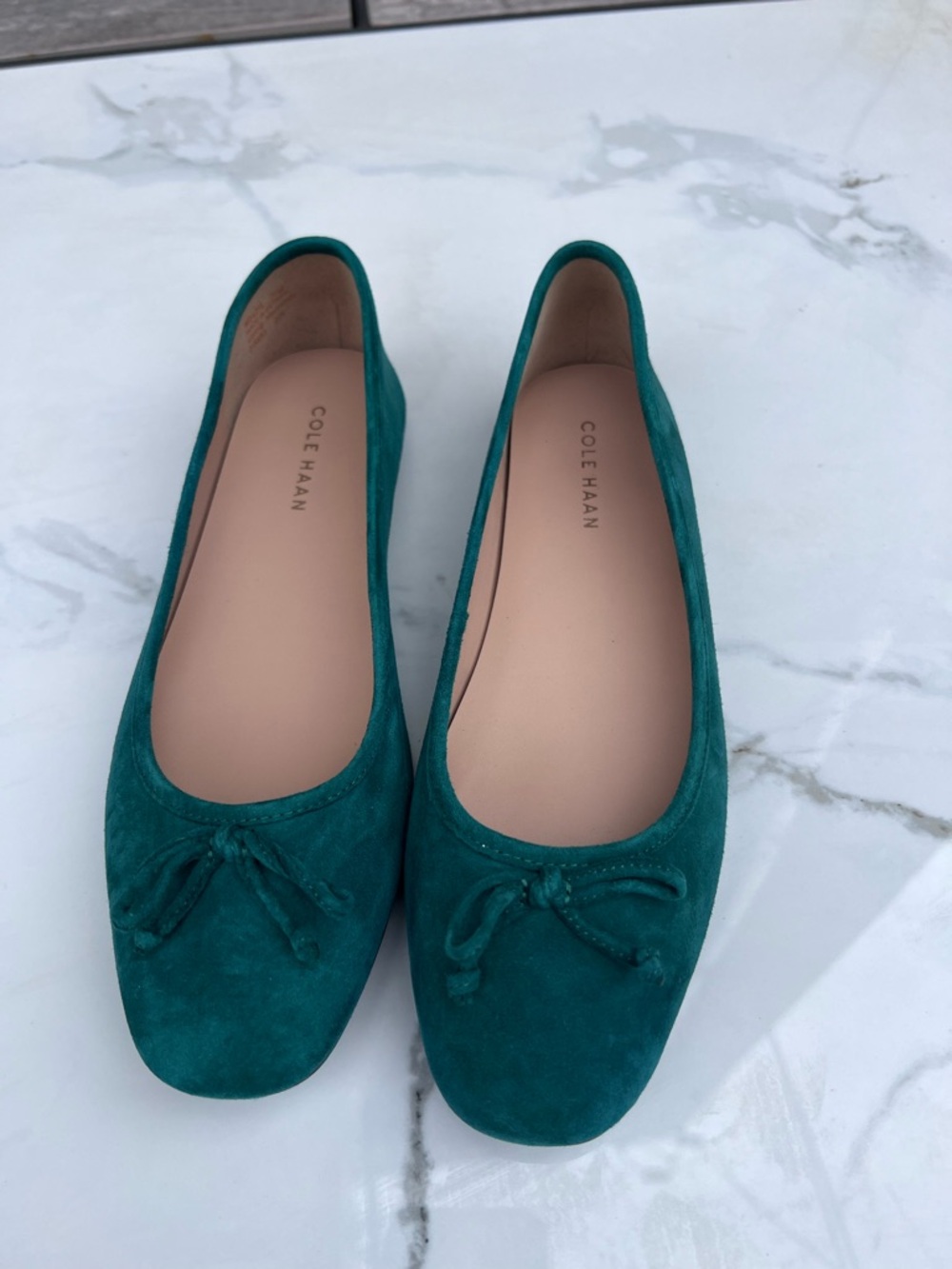 Cole Haan Yara Teal Suede Soft Ballet Flats with Bow Detail 7 1/2